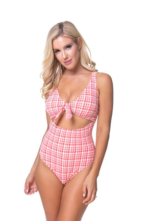 TEEXTURED PLAID CUTOUT ONE PIECE SWIMSUIT