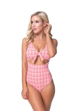 TEEXTURED PLAID CUTOUT ONE PIECE SWIMSUIT