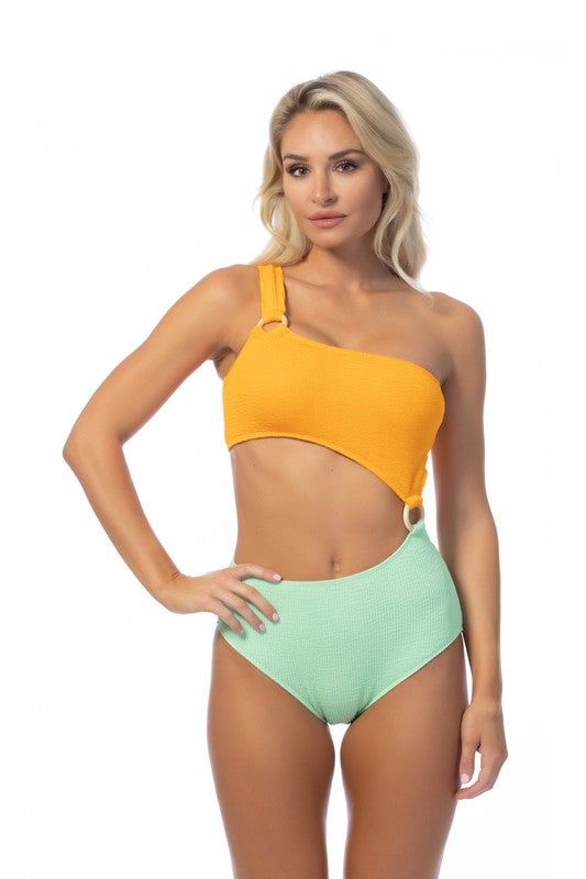 Two Tone Mono Shoulder One Piece Swimsuit