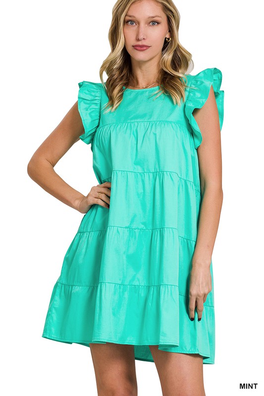 RUFFLED CAP SLEEVE BABYDOLL TIERED MINI DRESS