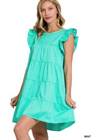 RUFFLED CAP SLEEVE BABYDOLL TIERED MINI DRESS