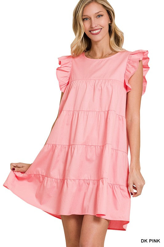 RUFFLED CAP SLEEVE BABYDOLL TIERED MINI DRESS