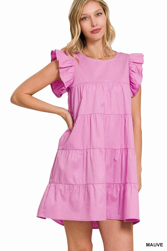 RUFFLED CAP SLEEVE BABYDOLL TIERED MINI DRESS