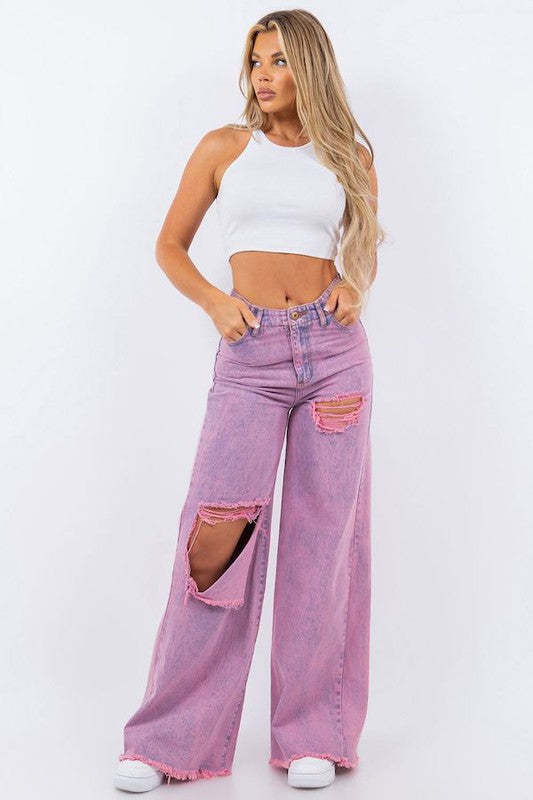 Vintage Ripped Wide Leg jean in Mineral Pink