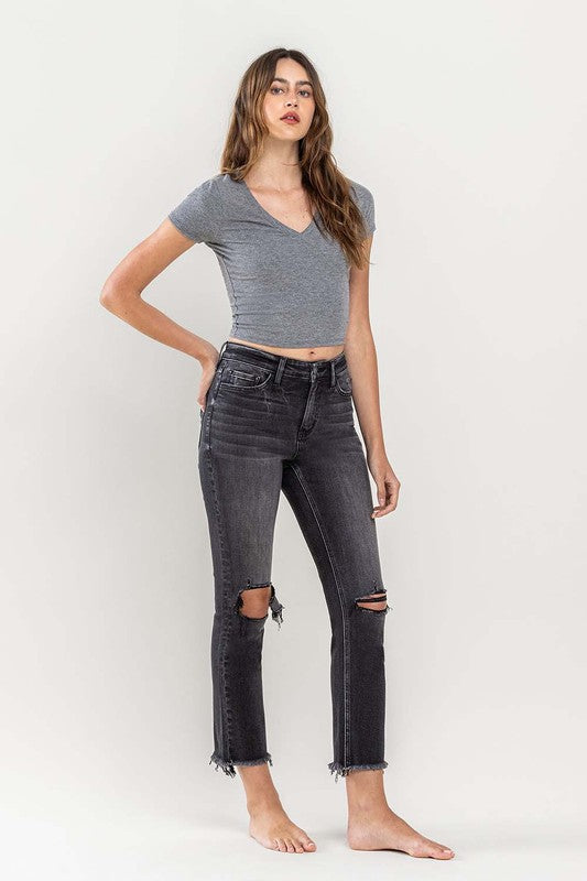 High Rise Stretch Distressed Crop Slim Straight