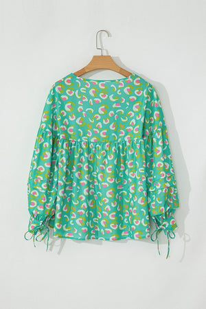 Printed Lace-up Lantern Sleeve Babydoll Blouse