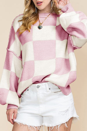 Pink Checkered Bishop Sleeve Sweater