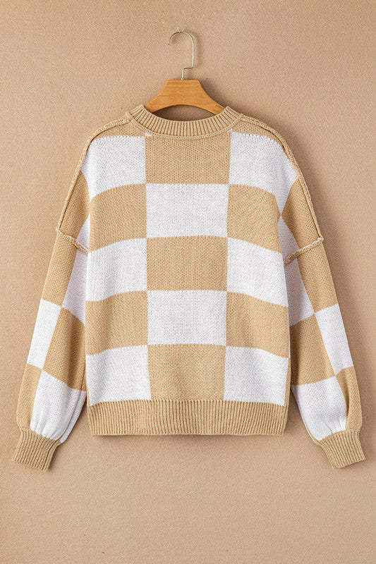 Pink Checkered Bishop Sleeve Sweater