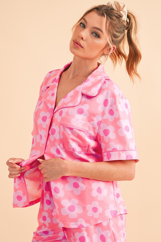 Flower Power Short Sleeve Shirt Pajamas Set