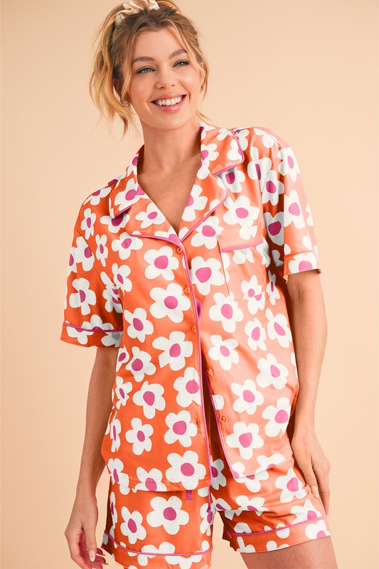 Flower Power Short Sleeve Shirt Pajamas Set