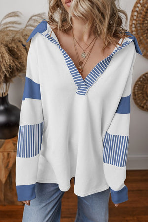 Striped Colorblock Patchwork Collar Sweatshirt