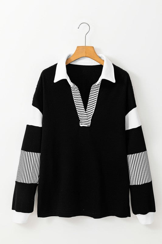 Striped Colorblock Patchwork Collar Sweatshirt