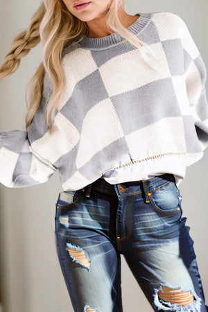 Plaid Exposed Seam Bishop Sleeve Sweater