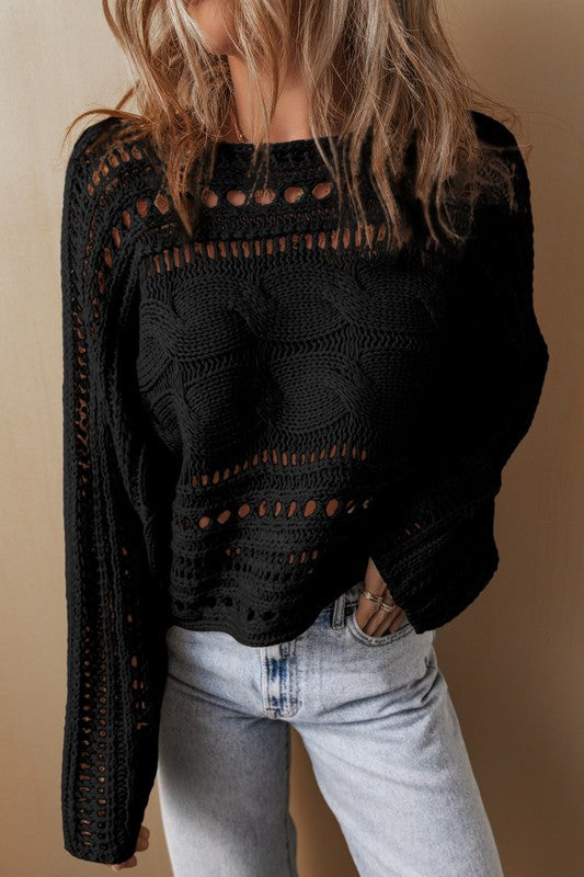 Gray Hollow-out Cable Knit Cropped Sweater