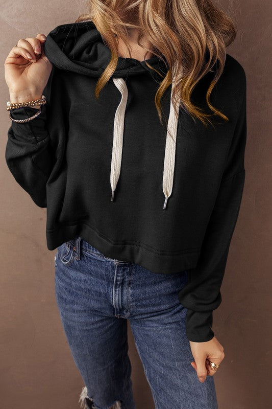 Drop Shoulder Drawstring Cropped Hoodie