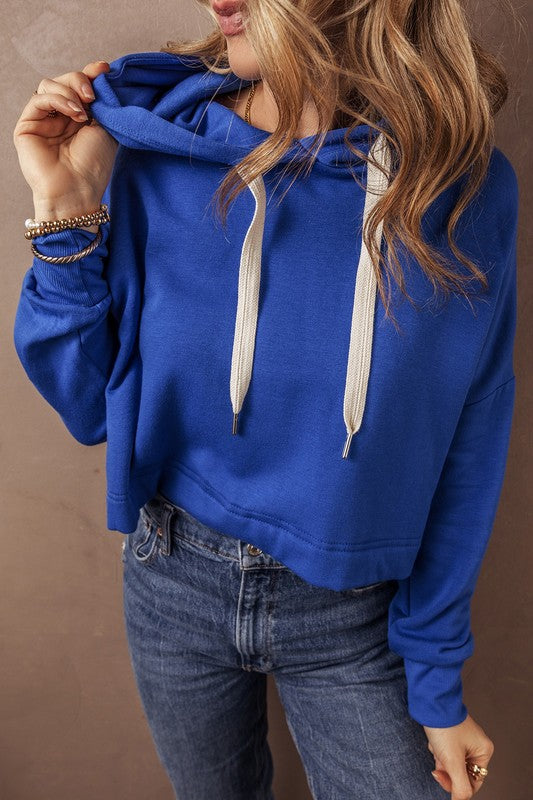 Drop Shoulder Drawstring Cropped Hoodie