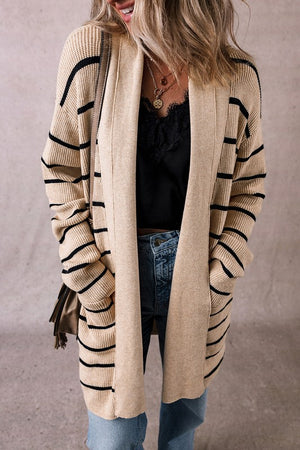 Stripe Side Pockets Open Front Cardigan