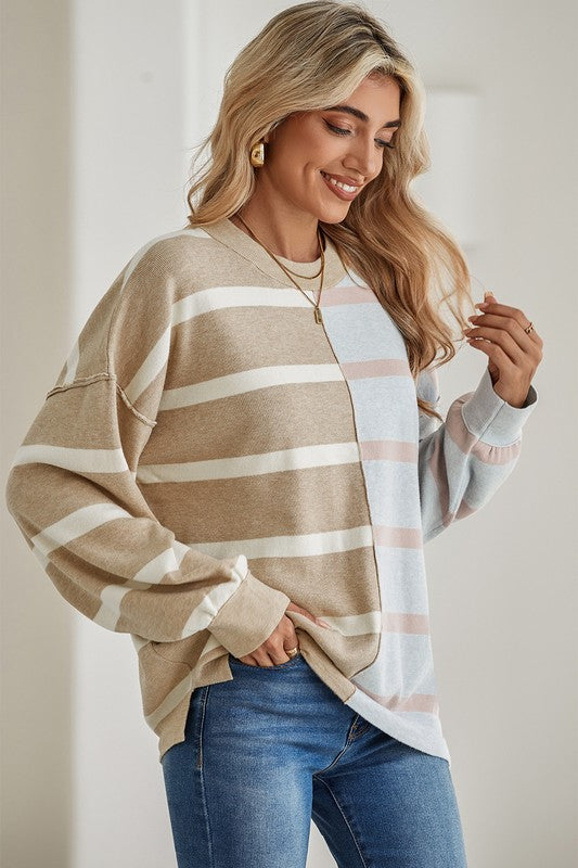 Striped Colorblock Drop Shoulder Sweater