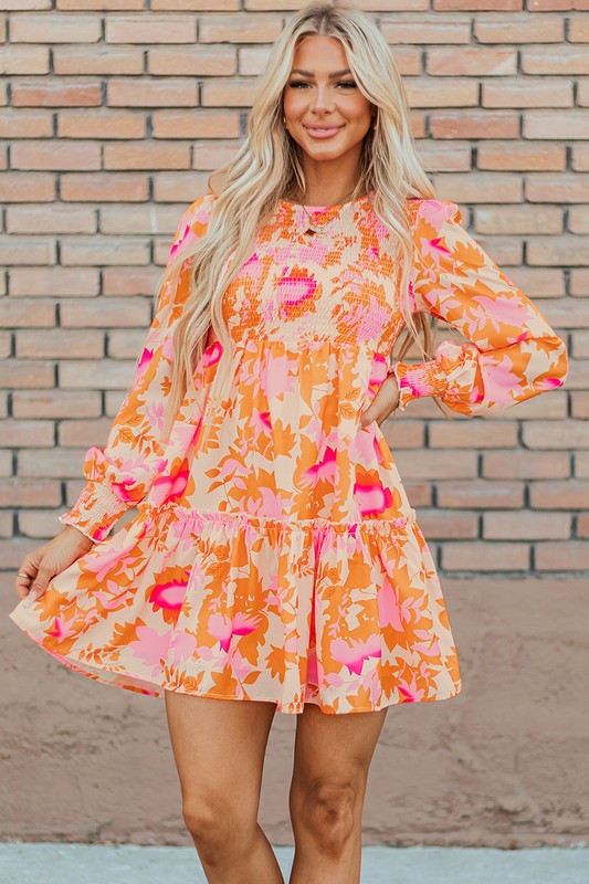 Women Smocked Lantern Sleeve Ruffle Mini Dress