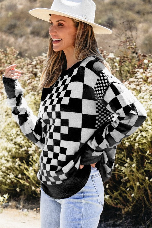 Checkered Drop Shoulder Round Neck Sweater