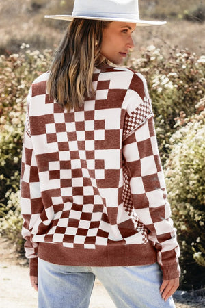 Checkered Drop Shoulder Round Neck Sweater