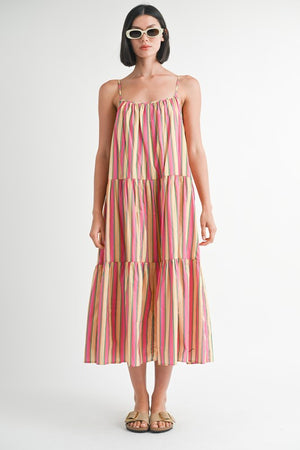 MAXI FLARE SQAURE NECK STRIPE DRESS