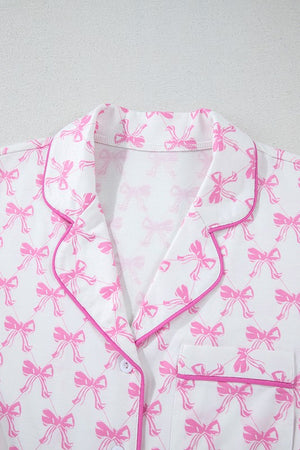Bowknot Shirt and Ruffle Hem Shorts Pajama Set