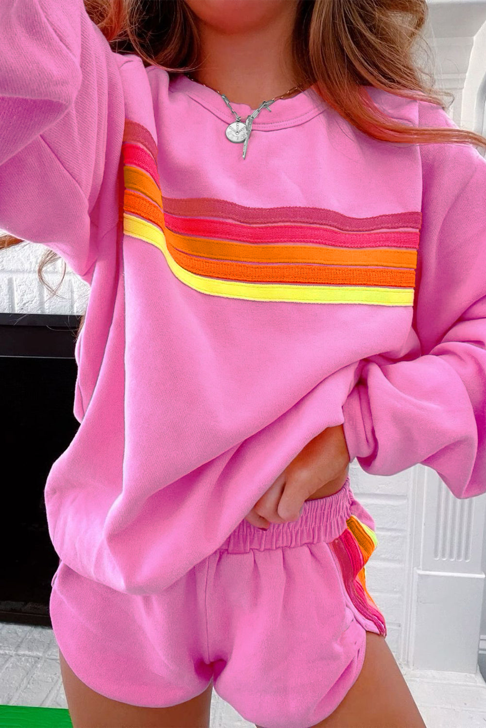 Take a Trip Bonbon Striped Accent Pullover and Shorts Two Piece Casual Set