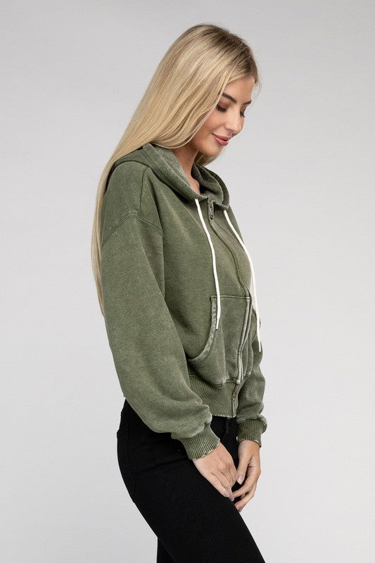 Let's Bounce Acid Wash Fleece Cropped Zip-Up Hoodie