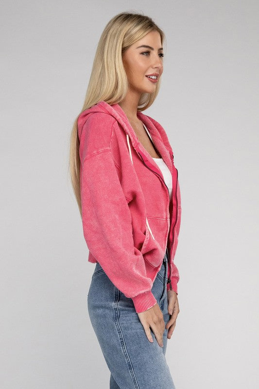 Let's Bounce Acid Wash Fleece Cropped Zip-Up Hoodie