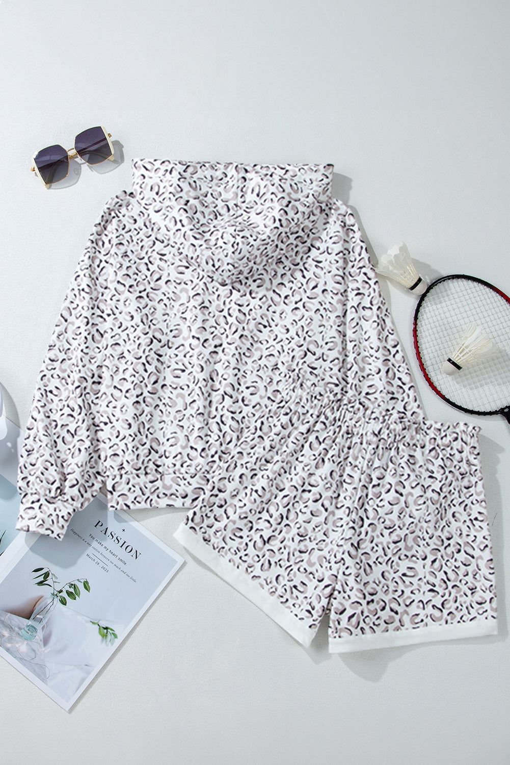 White Classic Leopard Hoodie and Shorts Set