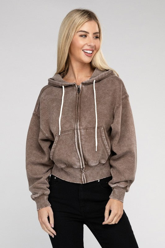 Let's Bounce Acid Wash Fleece Cropped Zip-Up Hoodie