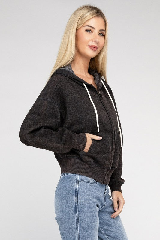 Let's Bounce Acid Wash Fleece Cropped Zip-Up Hoodie