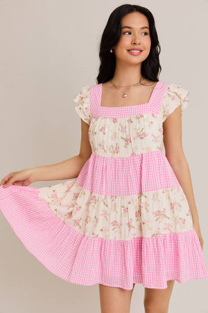 Summer is Calling Pink Floral Lace Gingham Dress
