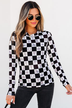 Black Checkerboard Western Elements Printed Mesh Long Sleeve Top