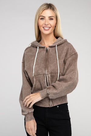 Let's Bounce Acid Wash Fleece Cropped Zip-Up Hoodie