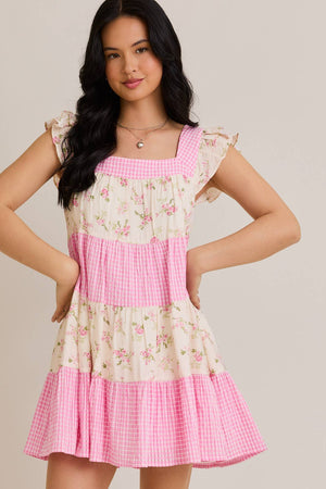 Summer is Calling Pink Floral Lace Gingham Dress