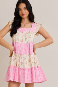 Summer is Calling Pink Floral Lace Gingham Dress