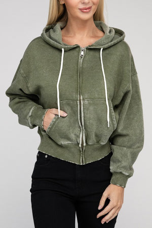 Let's Bounce Acid Wash Fleece Cropped Zip-Up Hoodie