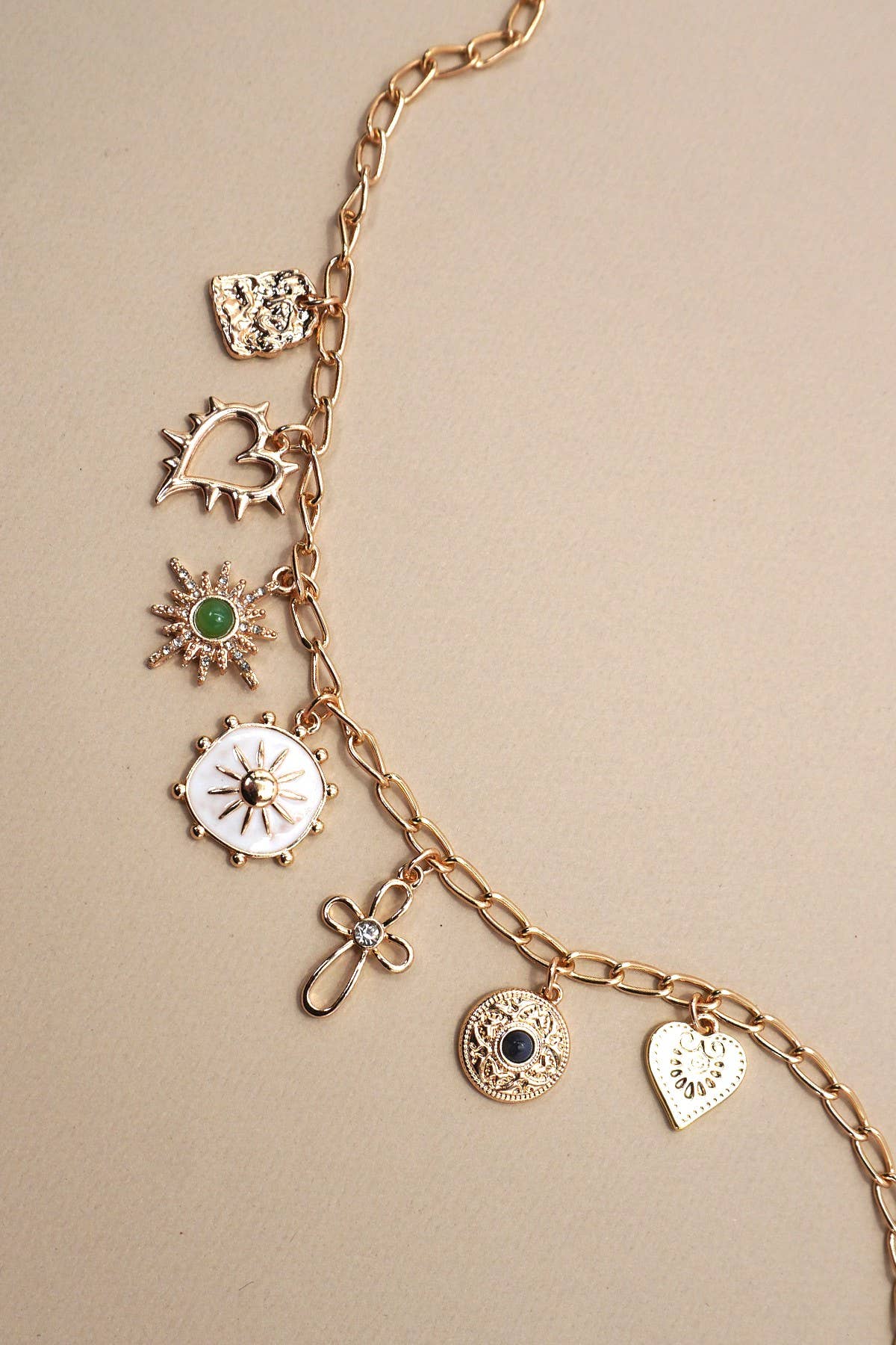 CHARM NECKLACE-HEART CROSS SUNBURST STONE