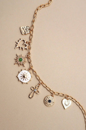 CHARM NECKLACE-HEART CROSS SUNBURST STONE