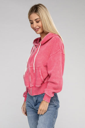 Let's Bounce Acid Wash Fleece Cropped Zip-Up Hoodie