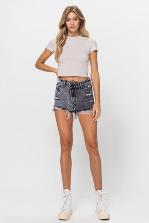 High Rise Black Acid Wash Shorts