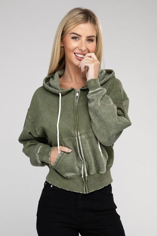 Let's Bounce Acid Wash Fleece Cropped Zip-Up Hoodie