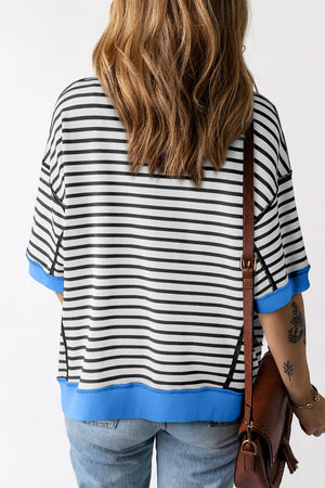 Black Stripe Oversized Contrast Trim Exposed Seam High Low T Shirt