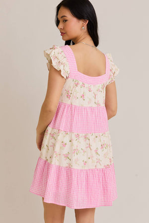 Summer is Calling Pink Floral Lace Gingham Dress