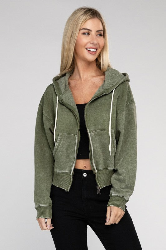 Let's Bounce Acid Wash Fleece Cropped Zip-Up Hoodie