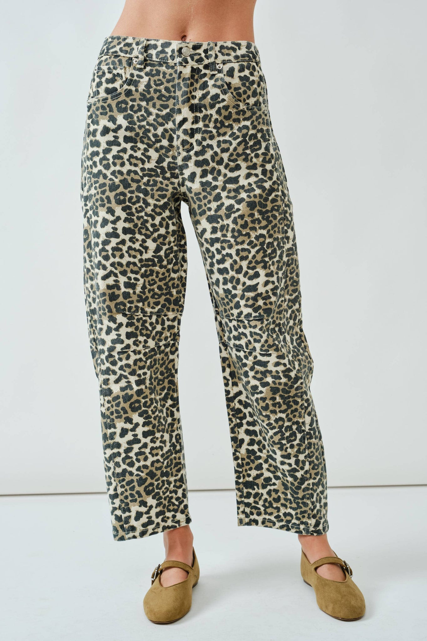 Girls Just Wanna Have Fun Leopard Barrel Jeans