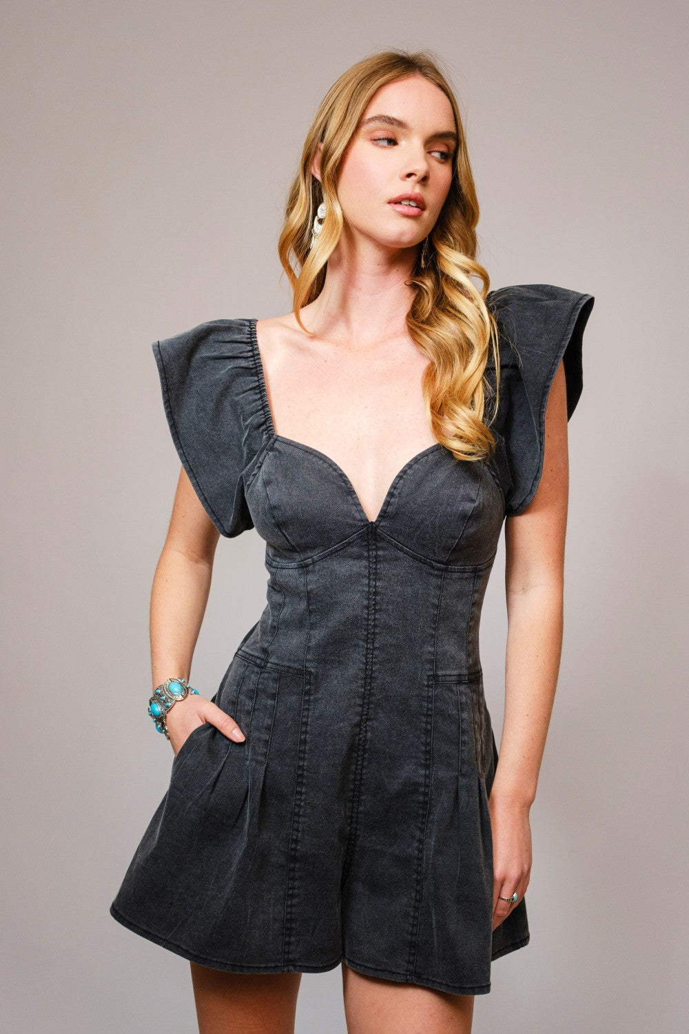 American SWEETHEART RUFFLE SLEEVE DENIM ROMPER