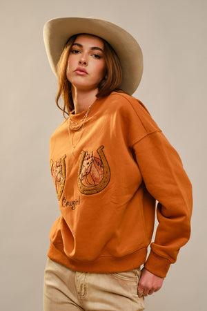 ROUND NECK HORSE EMBROIDERY SWEATSHIRT